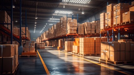Large warehouse with cardboard boxes.