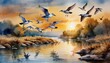 A watercolor painting of a flock of birds flying over a river at sunset with realistic textu 
