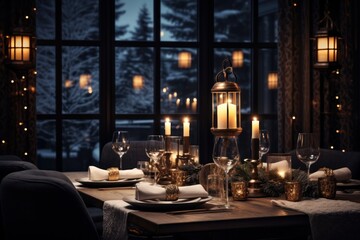 Poster - Christmas or New Year restaurant interior