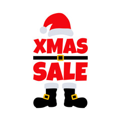 Poster - Tiempo de Navidad. Logo con palabra Xmas Sale con sombrero, cinturón y botas de Santa Claus