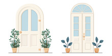 White Front Door With Two Pots With Plants. Cartoon House Illustration