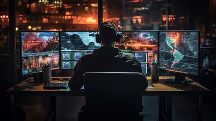man hacking on futuristic pc.