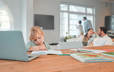 Canvas Print - Homework, writing and child in home with laptop for online lesson, creative education and elearning with books. Family, school and young girl at table with computer, notebooks and pens for studying