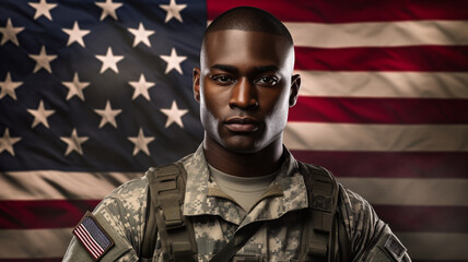 Wall Mural - Military male soldier with the USA flag copy space background Memorial National Day, Veterans Day banner.