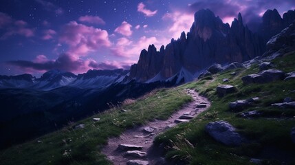 Wall Mural - In spring, flashlight streaks across high boulders on a mountain path at night. 