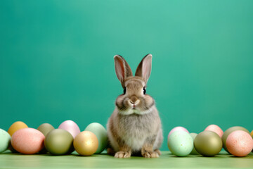 a curious bunny sits amidst a colorful array of easter eggs on a vibrant green background
