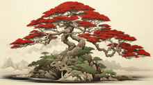 Red Bonsai Tree, Ukiyoe Japanese Art 