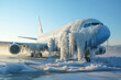 An abandoned passenger airplane covered in frost and snow, sitting on an icy airfield during winter.