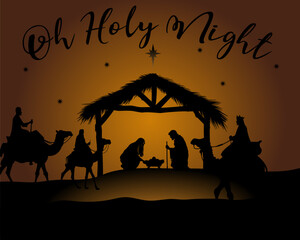 Wall Mural -  Oh holy night Historically accurate nativity scene with Joseph Mary Baby Jesus Wisemen and the star