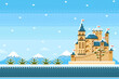 Castle of knight on winter nature background in game pixel style.