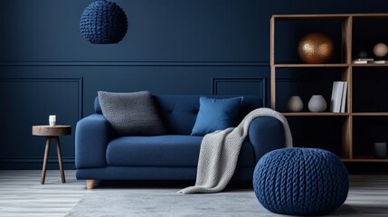 Two knitted poufs near dark blue corner sofa. Scandinavian home interior design of modern living room