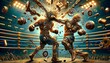 In a boxing match title fight, 2 steampunk automatons declare war for a bloodless contest in the ring. Body parts exposed as punches rain down, metallic fragments and pistons sent flying.Generative AI
