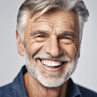 © Сара - a closeup photo portrait of a handsome old mature man smiling with clean teeth. for a dental ad. guy with fresh stylish hair and beard with strong jawline. isolated on white background. Generative AI