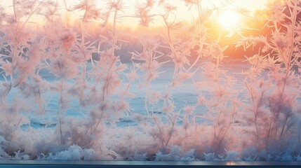 Beautiful frosty winter pattern on glass window with blurred background landscape behind