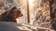 Snowfall in coniferous winter frosty forest close up, morning sun rays breaking through trees with small pretty baby bear between them