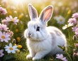 Fairy baby animal hare or rabbit in Alpine mountain flower field rady for Easter celebration