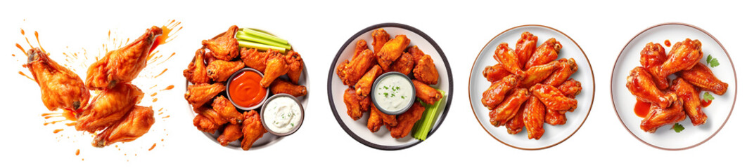 Set of buffalo wings on plate, shot from top down view, Isolated cutout on transparent background  isolated on transparent background