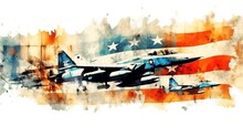 American Jet Fighter Aircraft On The Background Of The American Flag. Patriotism Concept. Air Force Concept.