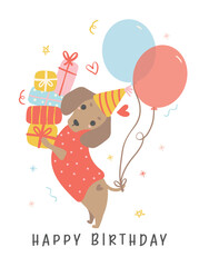 Cute Birthday card with Dachshund sausage Dog cartoon hand drawing flat design graphic illustration