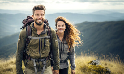 Wall Mural - couple hiker walking on the top of the mountain