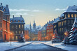 Europe town with home buildings, lights in windows on holiday evening. European Old town at Xmas eve with cozy buildings