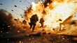 © photolas - Dynamic military war scene, silhouettes of soldiers running against the background of explosions, flashes of fire and smoke. Swift attack, breakthrough