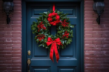 Wall Mural - Close-up of a wreath made of fluffy Christmas tree branches hanging on the front door decorated with ribbons and balls