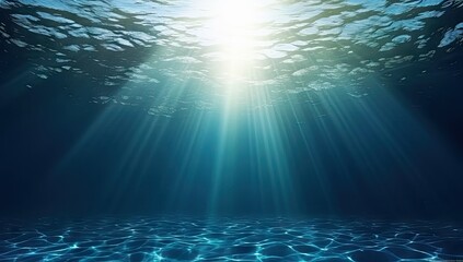 Submerged serenity. Tranquil underwater scene with sun rays and clear blue ocean. Sunlit depths. Abstract background with bright sunbeams and clear sea