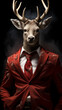 Reindeer dressed in a classy red suit, standing as a successful leader and a confident gentleman. Fashion portrait of an anthropomorphic animal, deer, posing with a charismatic human attitude