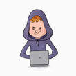 Dark Grin on a Hooded Programmer: Mysterious Computer Wizard Illustration