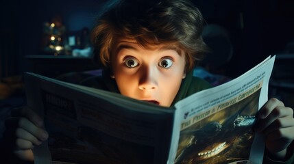 child hiding behind a science fiction comic book with a surprised and frightened look.