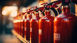 Close-up of row of fire extinguishers.