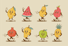 Set Of Retro Cartoon Fruit Characters. Lemon, Watermelon, Pineapple, Pear, Garnet, Apple, Mango, Pitaya Mascot. Vintage Vector Illustration.