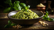 A bowl of pasta with pesto and nuts on a wooden table