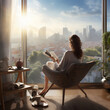 Woman having coffee with a book on a balcony overlooking the city.