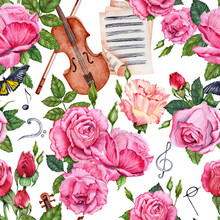 Seamless Pattern With Pink And Red Roses, Violin With A Bow, Sheet Music Pages And Perfume Bottle. Hand Drawn Watercolor Illustration Isolated On Transparent Background. Design Elements For Wallpaper.