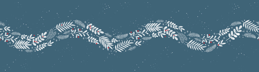 Wall Mural - Cute hand drawn horizontal seamless pattern with fir branches and hanging decoration, great for christmas banners, wallpapers, wrapping, textiles - vector design