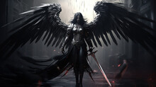 Dark Warrior Angel With Medieval Sword. Fantasy Background