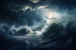 Giant tsunami waves, dark stormy sky. Perfect Storm. Huge waves Tsunami Big waves