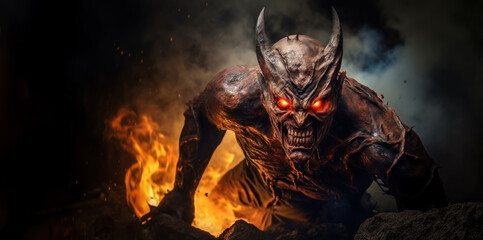 Canvas Print - Devil in hell engulfed in flames