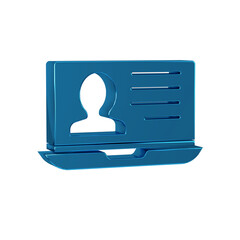 Sticker - Blue Laptop with resume icon isolated on transparent background. CV application. Searching professional staff. Analyzing personnel resume.