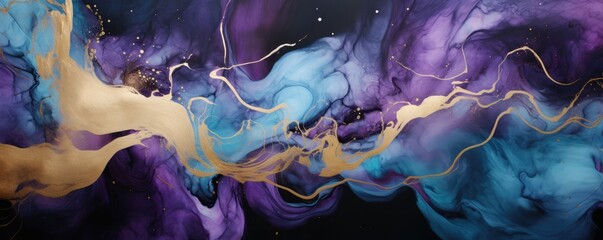  Banner with fluid art texture. Backdrop with abstract mixing paint effect. Liquid acrylic artwork that flows and splashes. Mixed paints for interior poster. Purple, teal blue and gold colors