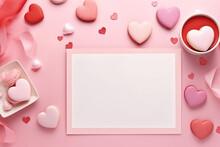 Cute Pink Valentine Day Card Mockup With  Heart Shaped Macaroni Cookies And Ribbons Flat Lay Style
