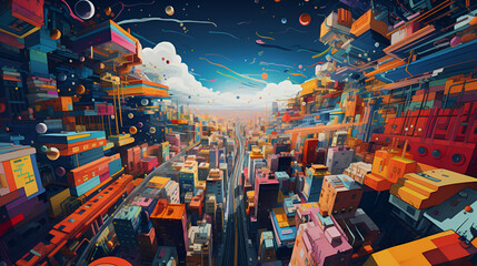 Canvas Print - colourful 2D animated world from the sky