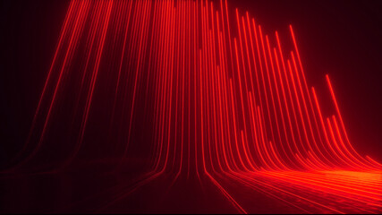 Abstract futuristic neon background, red glowing lines, laser beams, light speed. 3d render