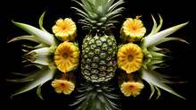 Pineapple  Fruits Pictures In Style Of Kaleidoscope Art On Black Background. Elegant Art Of Fruits In Water Splash