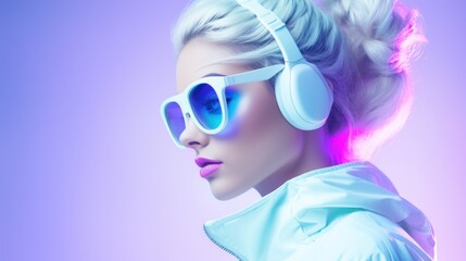 Wall Mural - A woman with headphones and sunglasses on