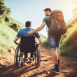 the resilience and teamwork of two friends with mobility challenges as they conquer an accessible hiking trail, showcasing their determination and mutual encouragement.