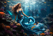 Beautiful mythical mermaid in an ocean full of marine life.