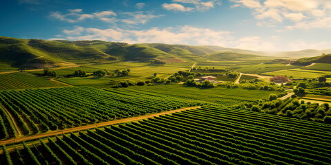 Wall Mural - aerial view of neatly arranged vineyard rows in a wine-producing region . Generative AI